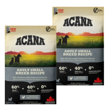Zwei Säcke ACANA Adult Small Breed Hundefutter mit frischem Huhn, rohem Flunder, 60% tierischen Zutaten und ohne künstliche Zusatzstoffe.