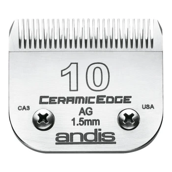 Andis CeramicEdge Haarschneiderklinge, Größe 10, 1,5 mm, mit einer glänzenden silbernen Oberfläche mit eingraviertem Text und zwei Sicherungsschrauben.
