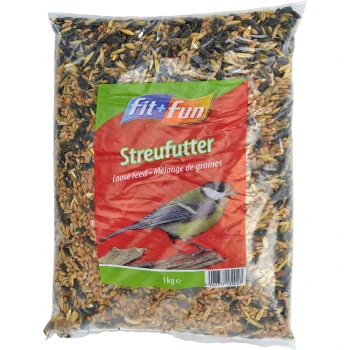 Ein 1 kg Beutel Vogelfutter, beschriftet "fit+fun Streufutter", mit einer bunten Illustration eines Vogels und dem Text "Lose Futter - Mélange de graines."