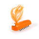 A playful orange pet grooming tool shaped like a cartoon insect, featuring a feathered tuft and large eyes, on a white background.