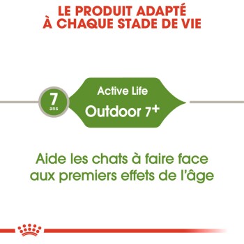 Image d'un produit alimentaire pour animaux de compagnie destiné aux chats âgés de 7 ans et plus, étiqueté "Active Life Outdoor 7+" avec un texte indiquant qu'il aide les chats à faire face aux premiers signes de vieillissement.