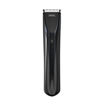 Tondeuse pour animaux Wahl noire avec bouton d'alimentation et lames métalliques sur le dessus.