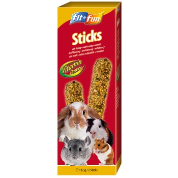 Fit+Fun Sticks für kleine Haustiere, mit zwei honigbeschichteten Sticks und Bildern eines Kaninchens, Meerschweinchens, Hamsters und Chinchillas.