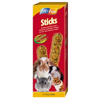 Fit+Fun Sticks für kleine Haustiere, mit zwei honigbeschichteten Sticks und Bildern eines Kaninchens, Meerschweinchens, Hamsters und Chinchillas.