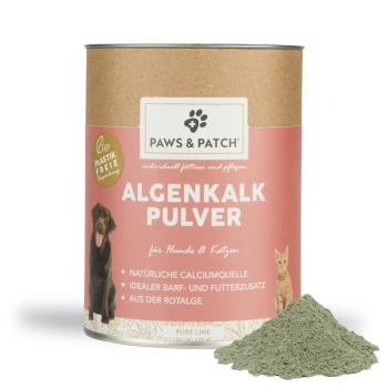 Dose von PAWS & PATCH 'ALGENKALK PULVER' Nahrungsergänzung für Hunde und Katzen mit einem Haufen grünen Pulvers.