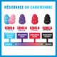 Tableau «RÉSISTANCE DU CAOUTCHOUC» de KONG : Puppy, Senior, Classic, Extreme avec des étiquettes françaises de résistance à la mastication et échelle Souple → Rigide