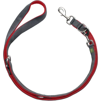 Verstellbare Führleine Maldon rot/ grau 2,5 cm Rote und graue Hundeleine mit einem stabilen Metallclip und einem gepolsterten Griff für Komfort.
