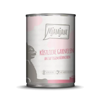 Dose mit Katzenfutter, die Garnelen und zartes Hühnchen enthält, beschriftet mit "Köstliche Garnelen an saftigem Hühnchen," mit einem Katzensilhouette-Design.