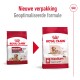 Vergelijking van Royal Canin hondenvoeding verpakkingen: "Medium Ageing 10+" oud links, nieuw rechts, met een geoptimaliseerde formule.