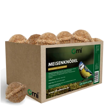 Schachtel mit Orni Meisenknödel Vogelfutterbällen mit Insekten und Früchten, mit Bild einer Blaumeise und Produktdetails.