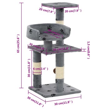 Grauer Katzenbaum mit mehreren Ebenen, mit Pfotenabdruckdesigns und Abmessungen in Zentimetern beschriftet. Höhe: 65 cm, Basis: 30 cm.