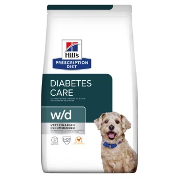 Tüte von Hill's Prescription Diet mit der Aufschrift "Diabetes Care w/d", die eine Hundesilhouette und den Text "Vom Tierarzt empfohlen" zeigt.
