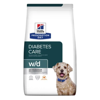 Tüte von Hill's Prescription Diet mit der Aufschrift "Diabetes Care w/d", die eine Hundesilhouette und den Text "Vom Tierarzt empfohlen" zeigt.