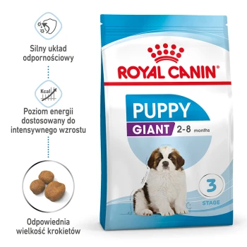 Torba z karmą Royal Canin Puppy Giant dla szczeniąt w wieku 2-8 miesięcy, z szczeniakiem bernardynem i informacjami o wsparciu odporności i energii.