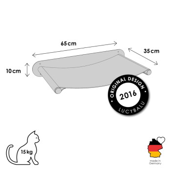 Wandmontiertes Katzenhängemattenregal, 65×35×10 cm; Siegel 'Original Design 2016 LUCYBALU'; Katzenpiktogramm '15kg'; hergestellt in Deutschland