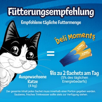 Etikett 'Fütterungsempfehlung': gezeichnete schwarz-weiße Katze, Deli Moments-Sachets, Text 'Bis zu 2 Sachets am Tag'.
