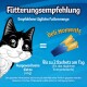 Etikett 'Fütterungsempfehlung': gezeichnete schwarz-weiße Katze, Deli Moments-Sachets, Text 'Bis zu 2 Sachets am Tag'.