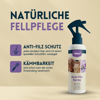 Sprühflasche mit der Aufschrift "Anti-Filz Spray" für die Pflege von Haustierfell, mit Text über Entwirrungsschutz und einfachem Kämmen.
