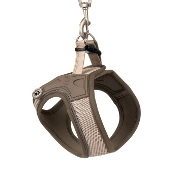 Beiges und braunes Max & Molly Hundegeschirr, hängend an einem Metallclip, mit Mesh- und gepolstertem Stoffdesign.