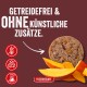 Werbung für Tierfutter mit dem Slogan „GETREIDEFREI & OHNE KÜNSTLICHE ZUSÄTZE.“ – keine Symbole für Getreide/Zucker/Chemikalien, Fleischfladen, Orangenscheiben, FLEISCHESLUST.