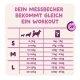 Duitse voedertabel voor honden: 'DEIN MESSBECHER BEKOMMT GLEICH EIN WORKOUT', S/M/L gewichtsklassen met porties in gram, 24 uur.