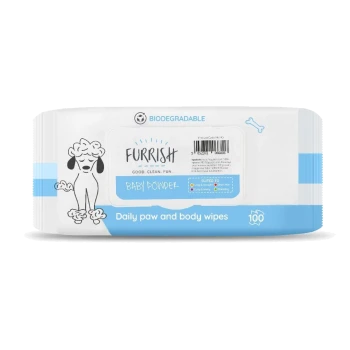 Furrish Baby Powder daily paw & body wipes pack, biodegradable, 100 count, poodle illustration and "Good. Clean. Fun." text