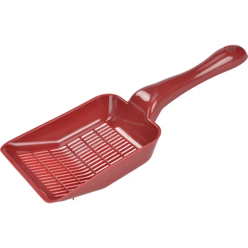 Rote Kunststoff-Katzenstreu-Schaufel mit flachem Boden und geschlitztem Design für einfaches Sieben.