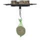 A bird feeder with a hanging suet ball in a green netting, suspended from a black hook, above a tray filled with assorted seeds.