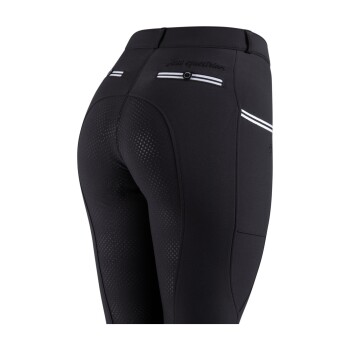 Schwarze Reitleggings mit strukturiertem Grip, mit weißen Streifen und einer kleinen Tasche auf der Rückseite.