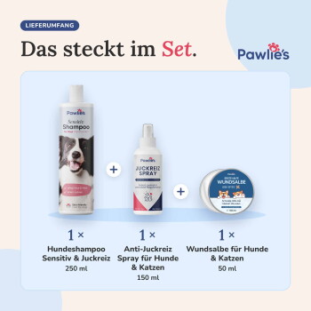 Pawlie's Sensitiv Shampoo für Hunde, mit einem lächelnden Border Collie auf dem Etikett, verspricht, empfindliche Haut zu pflegen und Juckreiz zu lindern.