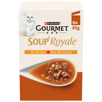 Purina Gourmet Soup Royale Katzenfutterpackung mit weißer Katze und Löffel mit fleischiger Suppe; Text: GOURMET, Soup Royale, 6x45g