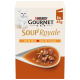 Purina Gourmet Soup Royale Katzenfutterpackung mit weißer Katze und Löffel mit fleischiger Suppe; Text: GOURMET, Soup Royale, 6x45g