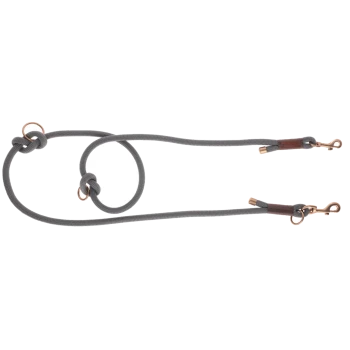 Graue Hundeleine aus Seil mit bronzefarbenen Metallclips und Ringen, mit verstellbaren Knoten und Lederakzenten.