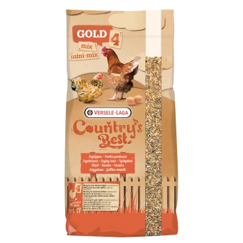 Sachet de nourriture Versele‑Laga « Country's Best » pour poules, étiqueté GOLD 4 mini-mix, avec images de poules, d'œufs et une fenêtre montrant le mélange de graines.