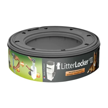 Cartouche de recharge LitterLocker II pour litière de chat, comportant des instructions d'utilisation étape par étape et un graphique de chat, étiquetée "Made in France."