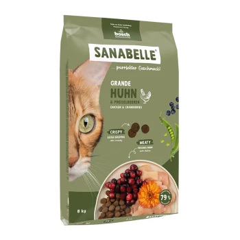 Verpackung für Katzenfutter mit dem Gesicht einer Katze, beschriftet "SANABELLE Grande Huhn & Preiselbeeren" mit "Crispy" und "Meaty," 79% Fleischanteil.