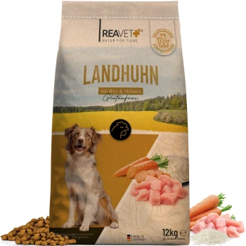 Hundefutterbeutel beschriftet "LANDHUHN mit Reis & Möhren, Glutenfrei," mit einer Hundesilhouette, mit Reis, Karotten und Fleischstücken.