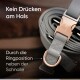 Nahaufnahme einer grauen Haustierleine mit einer roségoldenen Schnalle, mit den Hinweisen "Kein Drücken am Hals" und "Durch die Ringposition neben der Schnalle."