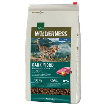 Cat food bag labeled "Wilderness Adult Dark Fiord," featuring a Bengal cat, with 70% meat, 30% fruits and vegetables, and 0% grains.