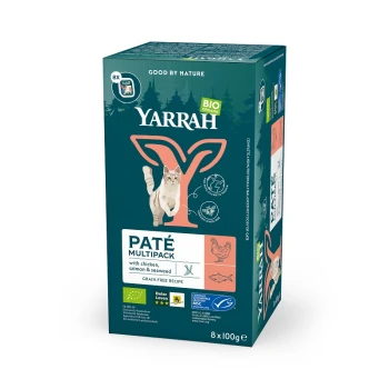 Yarrah Bio-Katzenfutter-Multipack, bestehend aus 8 x 100 g Beuteln mit Pastete aus Huhn, Lachs und Algen; getreidefreies Rezept.
