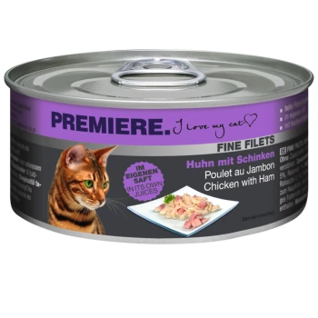 Fine Filets Naturell Huhn mit Schinken 12x80 g Katzenfutter mit einer braunen getigerten Katze, beschriftet mit "Premiere. Ich liebe meine Katze," mit "Huhn mit Schinken" und einem Napf mit Futter.
