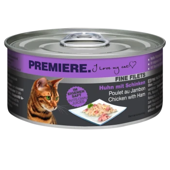 Katzenfutter mit einer braunen getigerten Katze, beschriftet mit "Premiere. Ich liebe meine Katze," mit "Huhn mit Schinken" und einem Napf mit Futter.