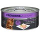 Boîte de nourriture pour chat présentant un chat tigré brun, étiquetée 'Première. J'aime mon chat,' avec 'Huhn mit Schinken' (Poulet avec Jambon) et un plat de nourriture.