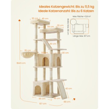 Beiger Kratzbaum mit Plattformen, Höhlen, Hängematte, Rampe und Maßangaben; sichtbarer Text: „Bis zu 11,5 kg; Bis zu 6 Katzen“.