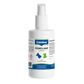 Weißer Sprühflakon mit der Aufschrift „Canina Feinglanz Spray“, Text „Für Hunde & Katzen“ und „Inhalt: 200 ml“, mit blauen und grünen Hunde-/Katzen-Icons.