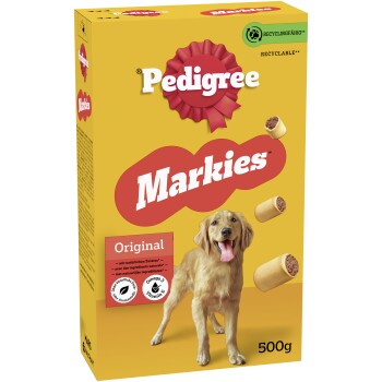Pedigree Markies Original Hundesnack-Box mit einem glücklichen Golden Retriever, 500g, Omega 3, Vitamin E, recycelbare Verpackung.