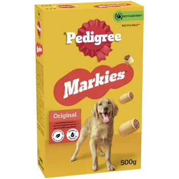 Boîte de friandises pour chiens Pedigree Markies Original avec un golden retriever heureux, 500g, oméga 3, vitamine E, emballage recyclable.