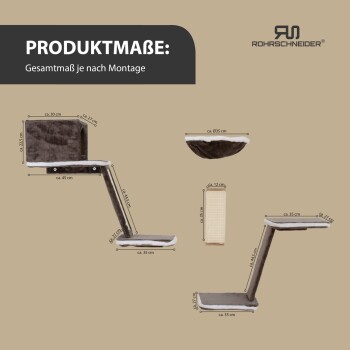 Maße des Katzenbaums mit beschrifteten Abmessungen in Zentimetern, mit einem gemütlichen Ruhebereich, einem Kratzbaum und mehreren Plattformen.