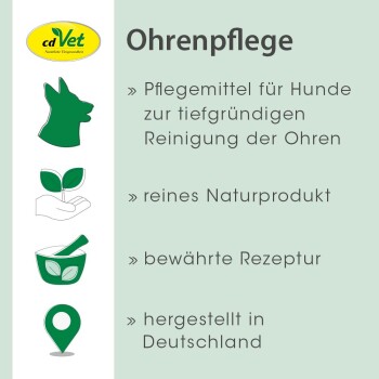 Ohrenpflegeprodukt für Hunde, das natürliche Inhaltsstoffe, tiefenreinigende Vorteile und die Behauptung, in Deutschland hergestellt zu sein, enthält.