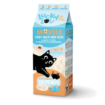 Karton von "Lucky Lou Very Mice Mix-Box" mit einer Grafik einer schwarzen Katze, die 20 mausförmige Leckerlis in Huhn, Truthahn, Thunfisch und Leberwurst hält.